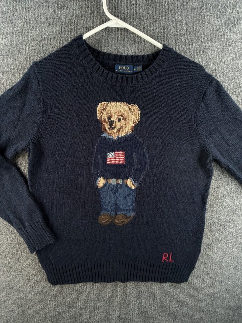 Polo Ralph Lauren Bear Sweater Linen Cotton Blend Navy Blue Medium Men Medium